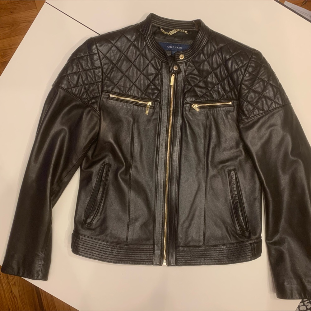 Cole Haan Cropped Lambskin Moto Jacket